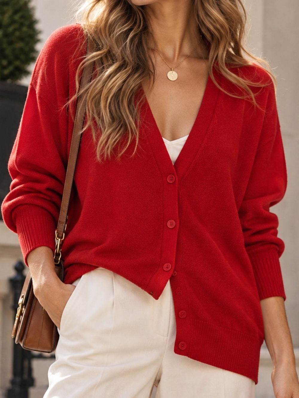 Moda International Red Silk Cashmere V-Neck Button Cardigan Classic Capsule